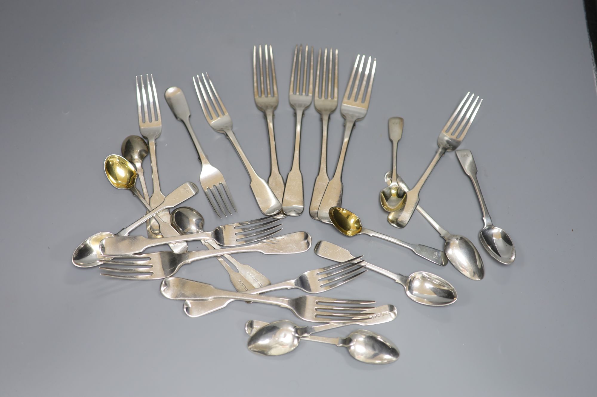 A harlequin set of George III and later silver initialled fiddle pattern flatware, various dates and makers, 29.6oz